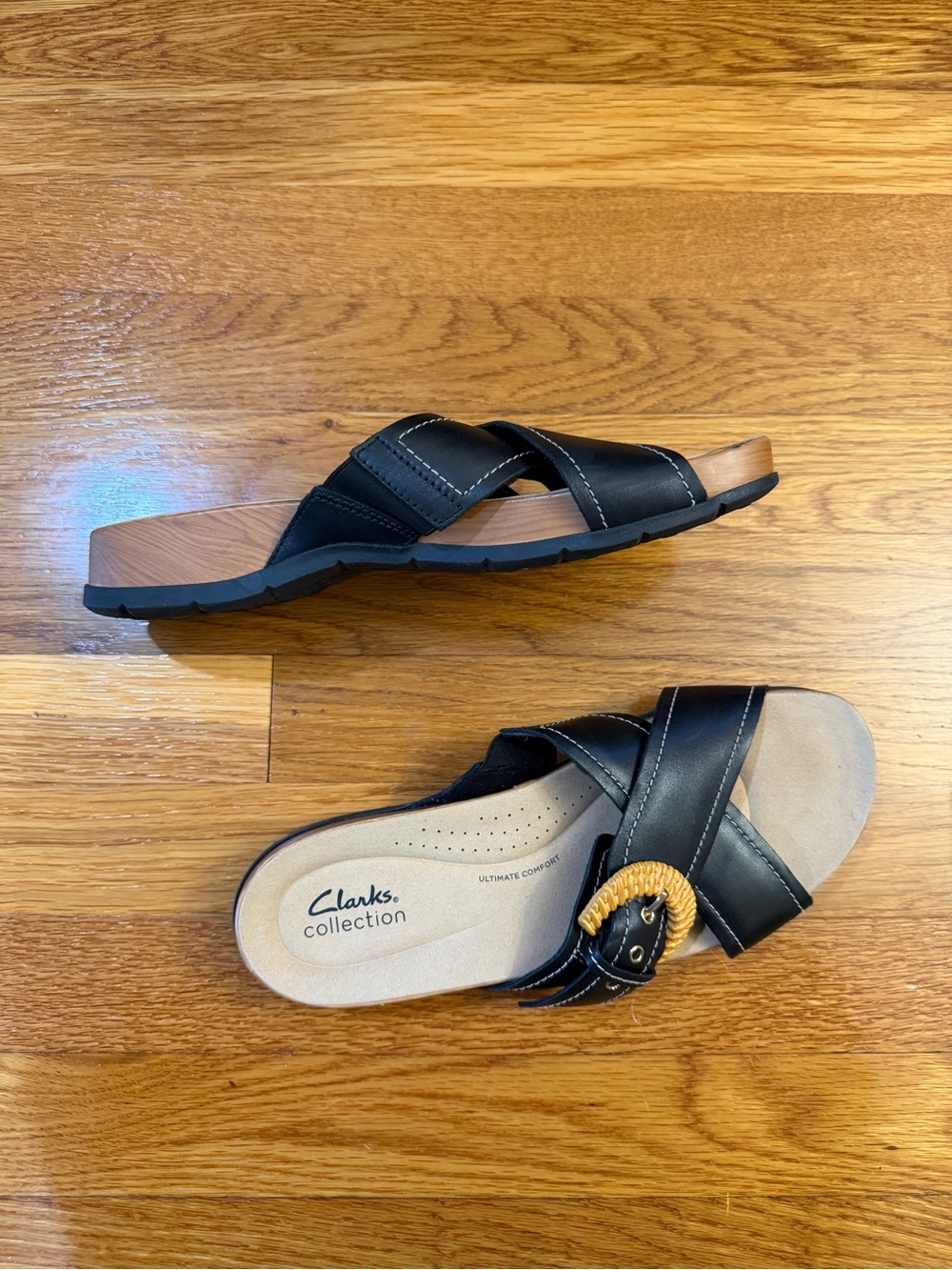 Clarks Reileigh Bay Sandals in Black Leather Crisscross Straps - Size 10 EU 41.5